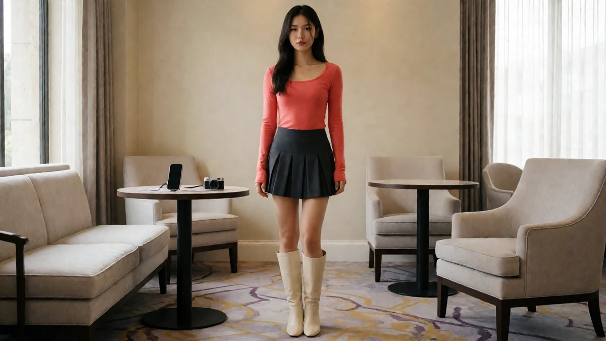 红衣客厅主题图：成年女子穿红上衣与深色短裙站在沙发和圆桌之间