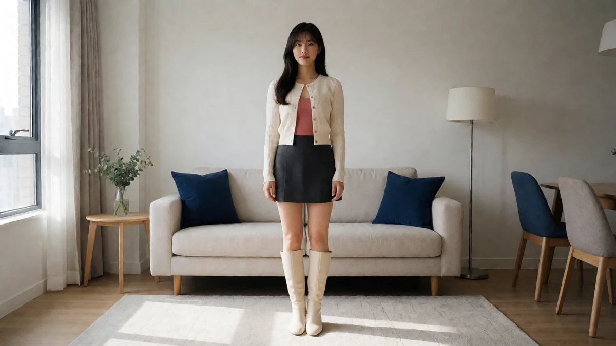 白衫沙发主题图：成年女子穿白外套与深色短裙站在沙发前