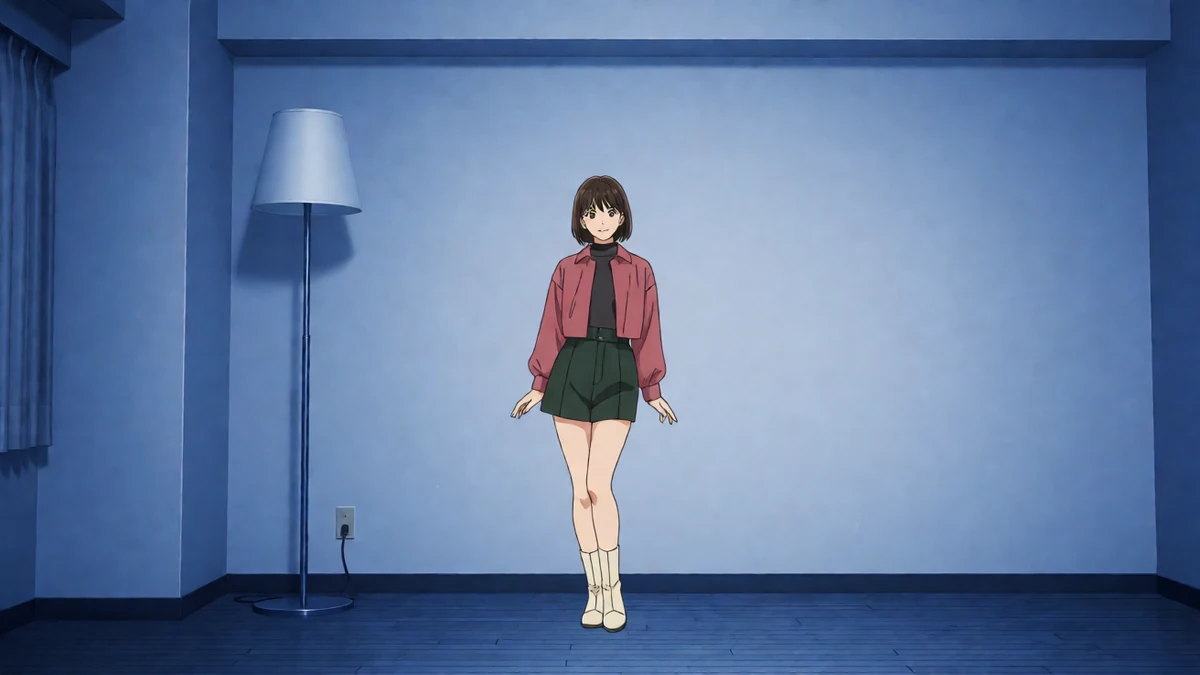 蓝色影棚主题图：成年女子穿红上衣与深色短裙站在蓝色布景前